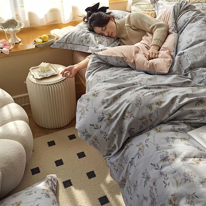 AOJIM Aesthetic Colorful Duvet Cover Set with Floral Pattern, Pure Cotton Soft Comforter Cover Set 3pcs for Kids Adults, 1 Cozy Reversible Quilt Cover Queen Size and 2 Matching Pillowcases, No Quilt