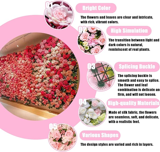 Flower Wall Backdrop, 12PCS 10.6"-15.7" Artificial Flower Wall Panel with Various Styles, 3D Floral Wall Decor for Wedding Photo Background Festive Party Home Decoration (L019, 15 * 15in)