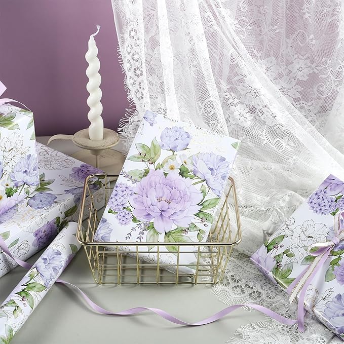 LeZakaa Floral Wrapping Paper Roll, Purple Peonies with Gold Foil Floral Outline Party Gift Wrap for Wedding, Bridal Shower, Anniversary, Mother's Day, Birthday, 17 inches x 16.4 Feet (23.2 sq.ft.)