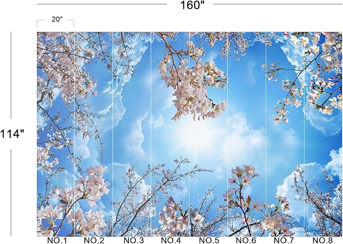 Eierme-Pink Cherry Blossoms and Blue Sky and White Clouds Ceiling Peel and Stick 160" x 114"