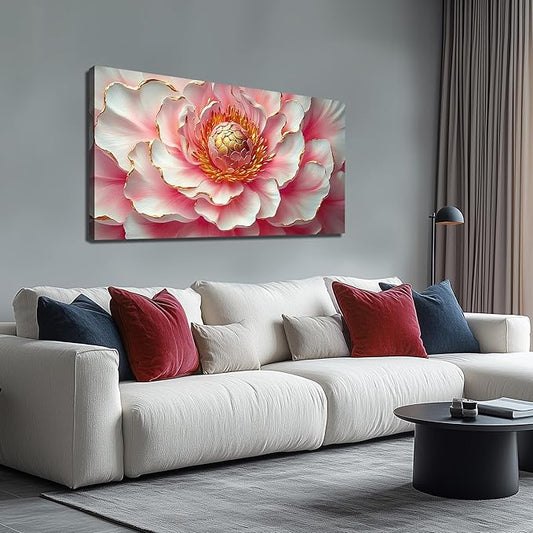 Pink & White Peony Floral Canvas Wall Art with Gold Accents, Abstract Flower Pictures for Living Room Bedroom Wall Decor, Horizontal Printed Painting Artwork Home Decorations, Size 48x24 Inches