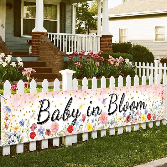 Pink Coral Baby in Bloom Baby Shower Banner, Floral Watercolor Floral Design, Party Decoration, 180x33 cm