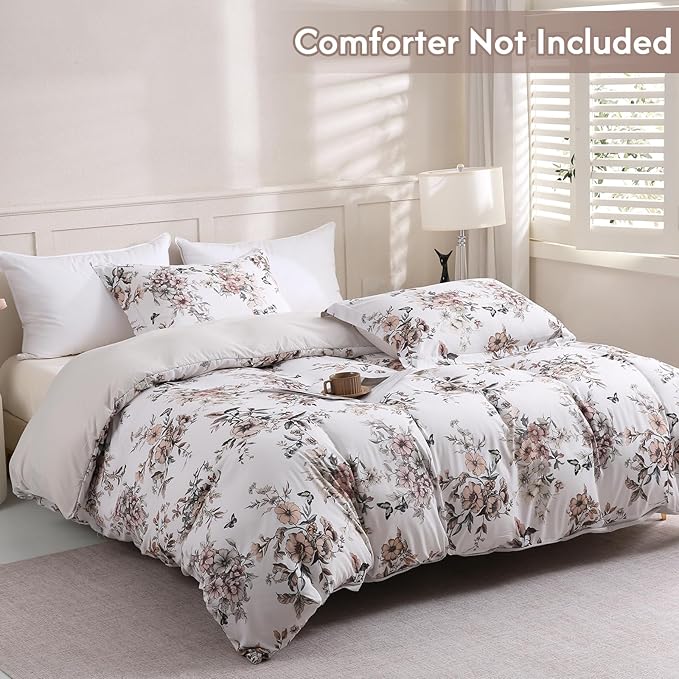 LONAVA King Floral 3 Pcs Duvet Cover Set, Breathable Soft Microfiber Light Grey Lining Comforter Cover with Zipper Closure, and 2 Anti-Pilling, Fade Resistant Pillowcases, Withered Flowers