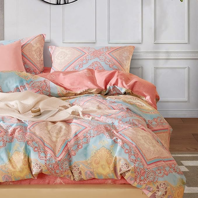 SAPHREAS Boho Duvet Cover Set Queen Size 3pcs Pink Bohemian Comforter Cover Set Blue 1 Duvet Cover 2 Pillow Shams