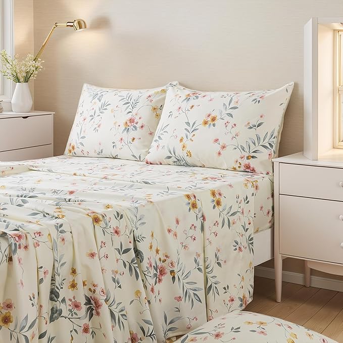 FADFAY Floral Sheets Set Twin XL Vintage Pink Floral Bedding Shabby Beige Botanical Sheets College Dorm Bedding 800 Thread Count Soft 100% Egyptian Cotton Deep Pocket Fitted Sheet 4Pcs, Twin XL Size