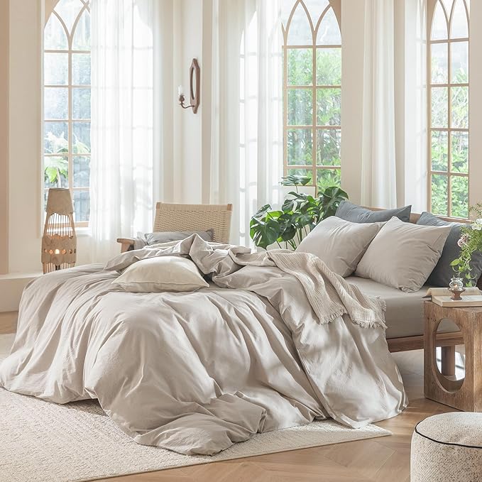 MooMee Bedding Duvet Cover Set 100% Washed Cotton Linen Like Textured Breathable Durable Soft Comfy (Solid Light Tan, King 104"x90")