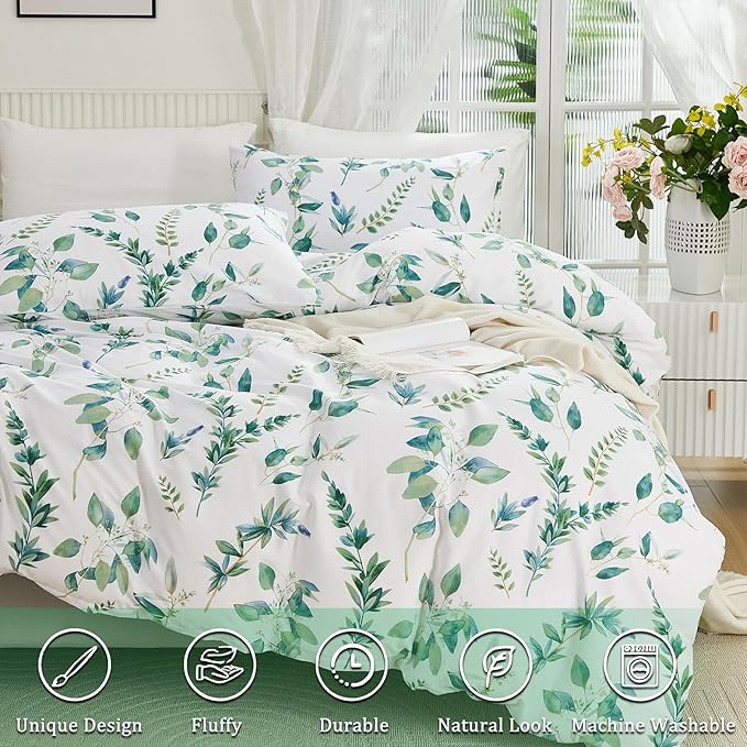 Botanical 100% Cotton Duvet Cover Queen Size - 3Pcs Mint Green Printed with Sage & Emerald Leaves on White,Reversible Lightweight and Soft Bedding Sets
