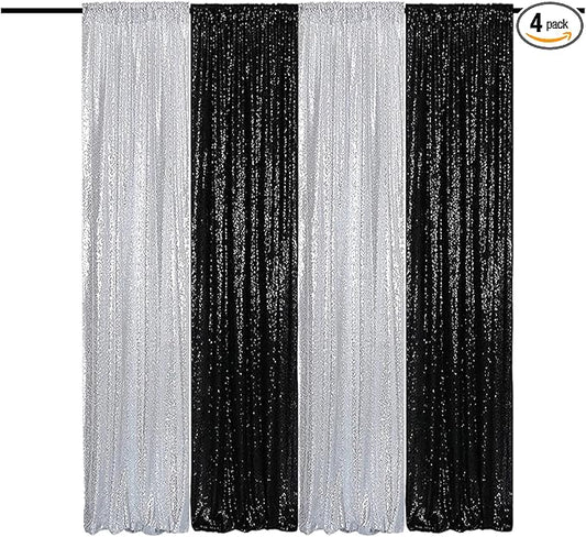 Sequin Backdrop Curtains 2FTx8FT 4 Panels Glitter Drapes Sparkly Photography Background for Wedding Birthday Party Bridal Baby Shower (Silver x 2+Black x 2)