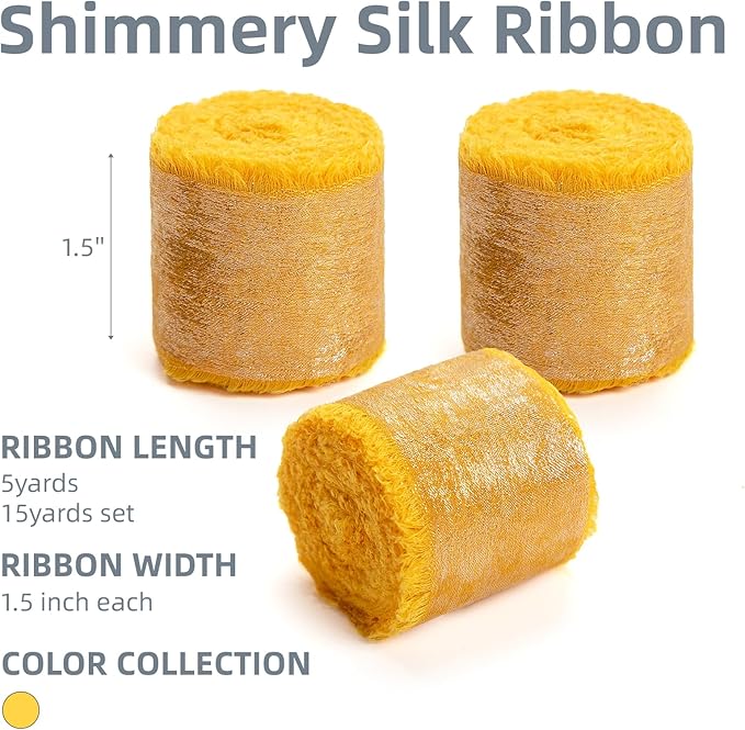 Gold Silk Chiffon Ribbon,Gold Frayed Shimmery Silk Ribbon for Bridal Flower Bouquet Christmas Gift Wrapping Wedding Decor Invitations Decorations 1.5" x 15 Yards (5Yards X 3 Rolls)