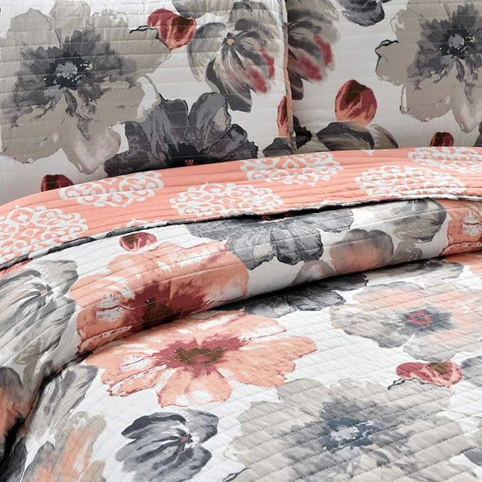 Lush Decor Leah Reversible Floral Quilt Set, 3 Piece Set, Full/Queen, Coral & Gray - Watercolor Botanical - Cottage Core - French Country Decor- Bedding Queen Size