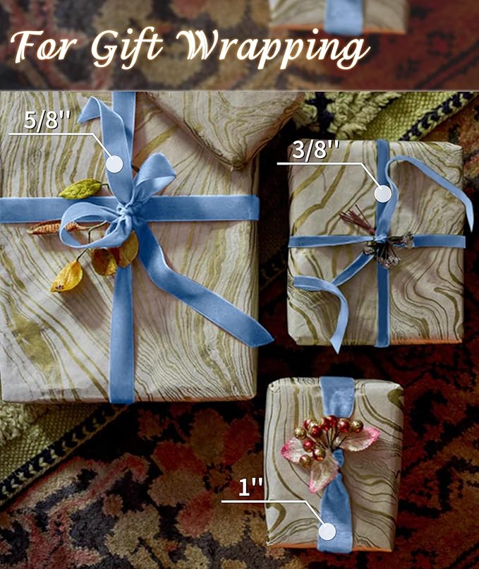 Blue Velvet Ribbon 5/8'' 25 Yards for Christmas Tree, Gift Wrapping, Flower Bouquet, Wreath Decorations, Bow Making