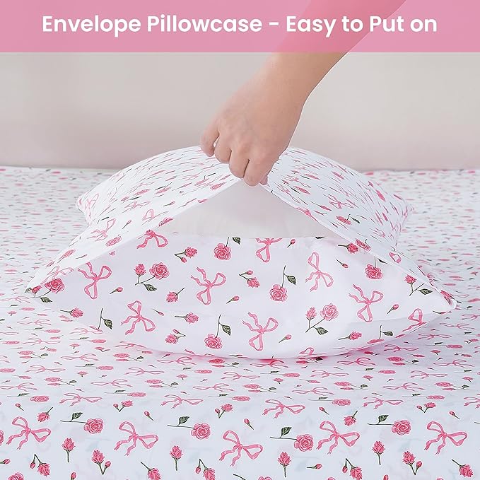 Softan Pink Floral Queen Bed Sheets, Cozy Microfiber Flower Printed Sheets with 15" Deep Pocket Fitted Sheet & Non-Slip Straps, Patterned Pink Rose - Bow Sheets & Pillowcase Set