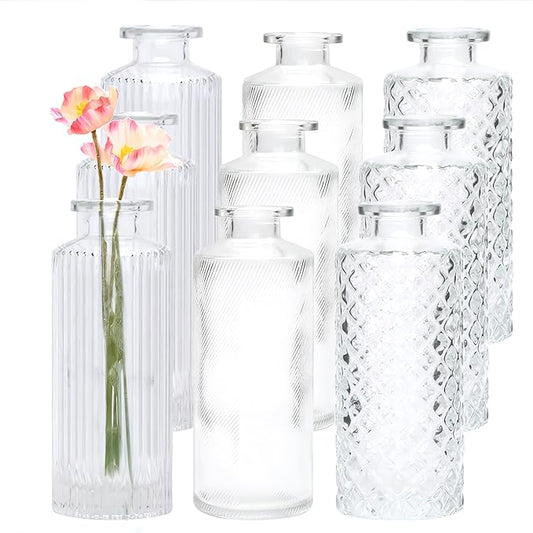 Brajttt Glass Bud Vase Set in Bulk, 9pcs Mini Vintage Flower Vases for Wedding, Clear Relief Vase for Centerpieces,Home Table Flower Decor, Party Decorations
