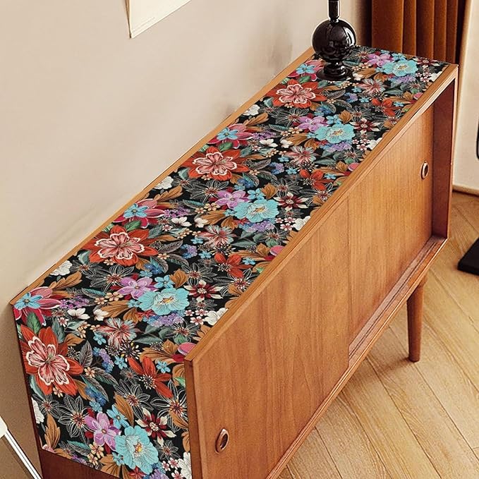 Floral Table Runner, Vintage Colorful Flower Bohemian Floral Print Table Center Decor for Family Kitchen Table Decorations Indoor Outdoor 13x36 inch