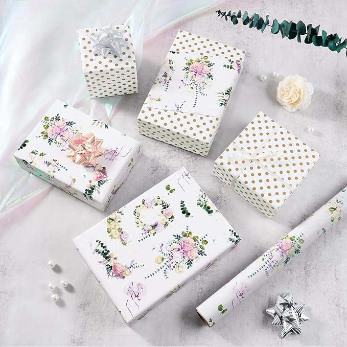 WERNNSAI Floral Wrapping Paper Roll - 1 Roll 17” x 33 ft Wedding Wrapping Paper White Flower Gift Wrap for Girl Women Birthday Wedding Bridal Shower Engagement Mother's Day Favors Reversible Polka Dot