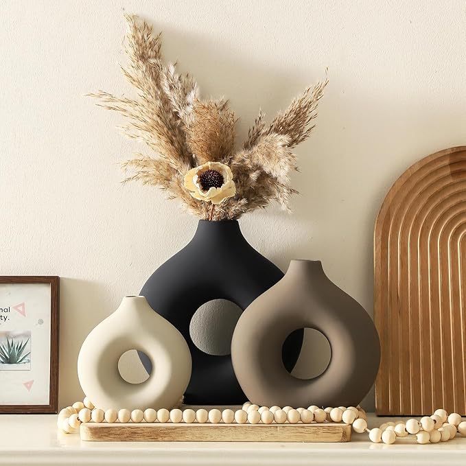 Ceramic Vase Home Table Decor - Flower Vases Set of 3 Small Living Room Centerpiece Decorations for Shelf Bedroom Office Kitchen Dining Desk Modern Aesthetic Farmhouse Decorative (Classic)