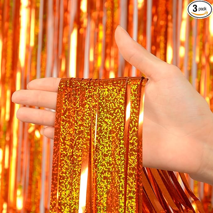 Upgraded Thicker Melsan Tinsel Fringe Curtain, 3 Pack 3.2 x 8.2 ft Orange Metallic Streamers with Extra Tape, for Thanksgiving Birthday Baby Shower Graduation Party Decor