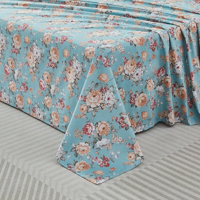 FADFAY Blue Vintage Floral Twin Size Sheets Set Premium 100% Cotton Shabby Rose Pattern Cottagecore Bedding Set Deep Pocket Sheets with 2 Pillowcases Luxury Breathable Soft 4Pcs, Twin Size