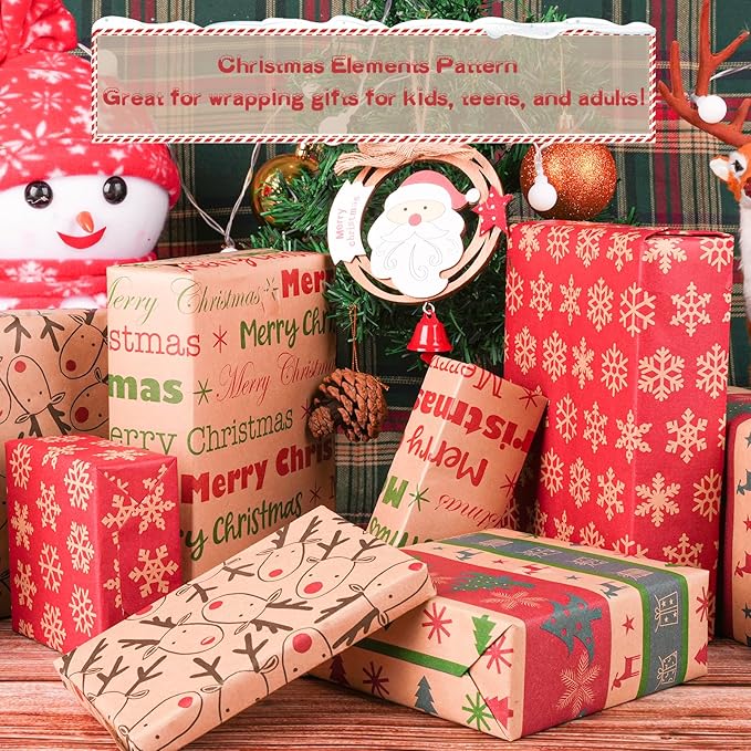 Happypapa Christmas Wrapping Paper, Kraft Xmas Wrapping Paper Rolls - Snowflakes, Reindeer, Gift and Merry Christmas Pattern - 4 Rolls - 17 Inch × 120 Inch Per Roll