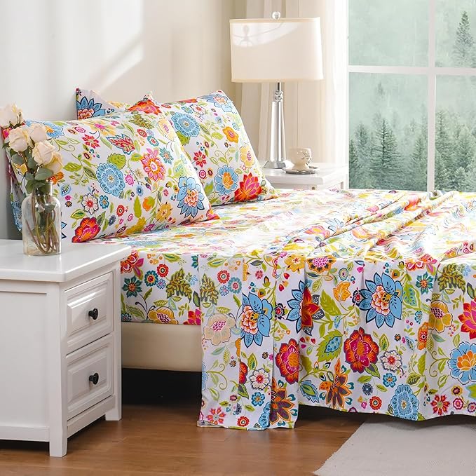 Bedlifes Full Sheet Set Ultra Soft, Breathable, Silky Flower Deep Pocket 100% Microfiber Bedding, 4 Piece Full Size with Floral Spring Design