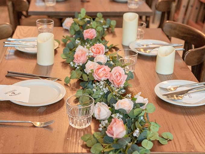 6FT Artificial Eucalyptus Garland with 10 Pink Roses and Baby Breath Flower Greenery Garland for Table Centerpiece Party Wedding Decor Indoor Outdoor Backdrop Wall Decorations