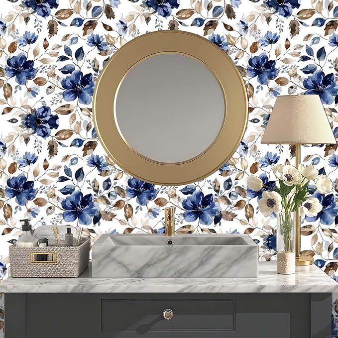 Blue Floral Peel and Stick Wallpaper Modern Contact Paper Waterproof Botanical Flower Removable Self Adhesive Wallpaper for Bathroom Bedroom Living Room Cabinets 17.7"x212.6"