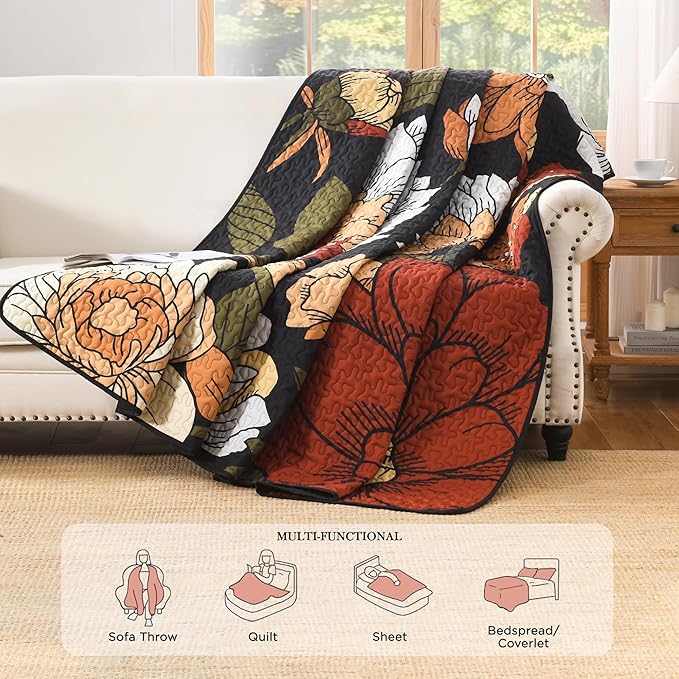 Andency Floral Boho Super King Quilt Bedding Set Black, 3 Pieces Farmhouse Flower Botanical Bedspreads with 2 Shams, Soft Reversible Lightweight Microfiber Coverlet Set for All Season, 120"x120"