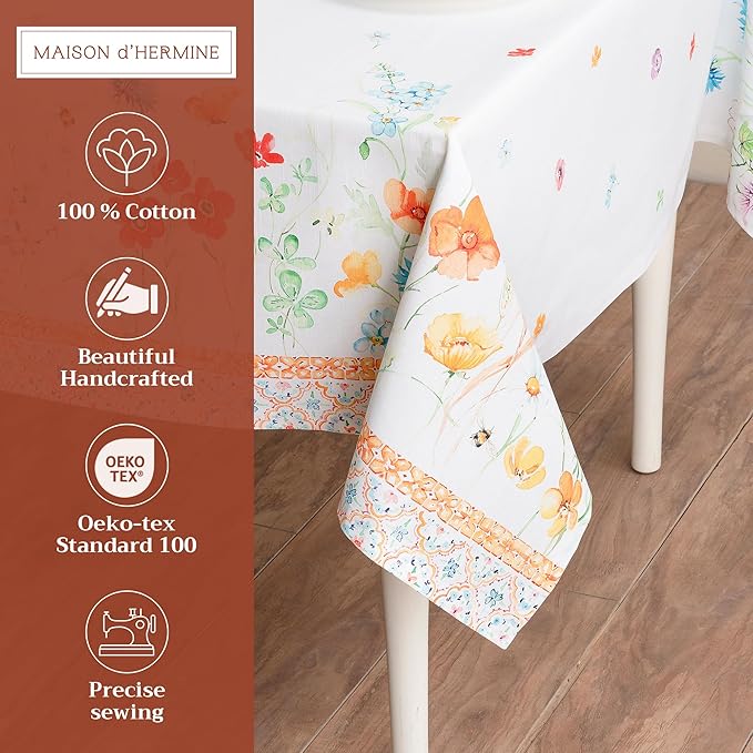 Maison d' Hermine Table Cloth Rectangle Table 100% Cotton 70 x 108 Inches Tablecloth Reusable Decorative for Dining Room, Farmhouse, Home, Party, Festive & Wedding Spring Summer - Summer Whisper