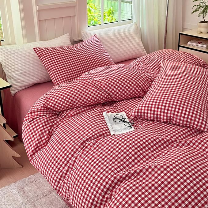 LifeTB Queen Comforter Set Red Gingham Comforter Modern Style Plaid Boho Comforter Set 3 Pieces Fluffy Grid Checkered Comforter with 2 Pillowcases Farmhouse Gingham Bedding Set Queen Size