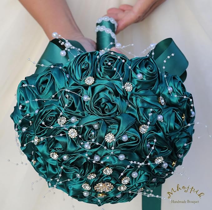 Bridal Wedding Bouquet Round Bling Brooch Bouquet Throw Toss Artificial Rose Flower Bunch for Bride Bridesmaid Wedding Quinceanera(Dark Green, 7.5")