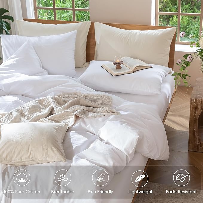 MooMee Bedding Duvet Cover Set 100% Washed Cotton Linen Like Textured Breathable Durable Soft Comfy (Solid Bright White, Palatial King/Oversized King 120"x98")