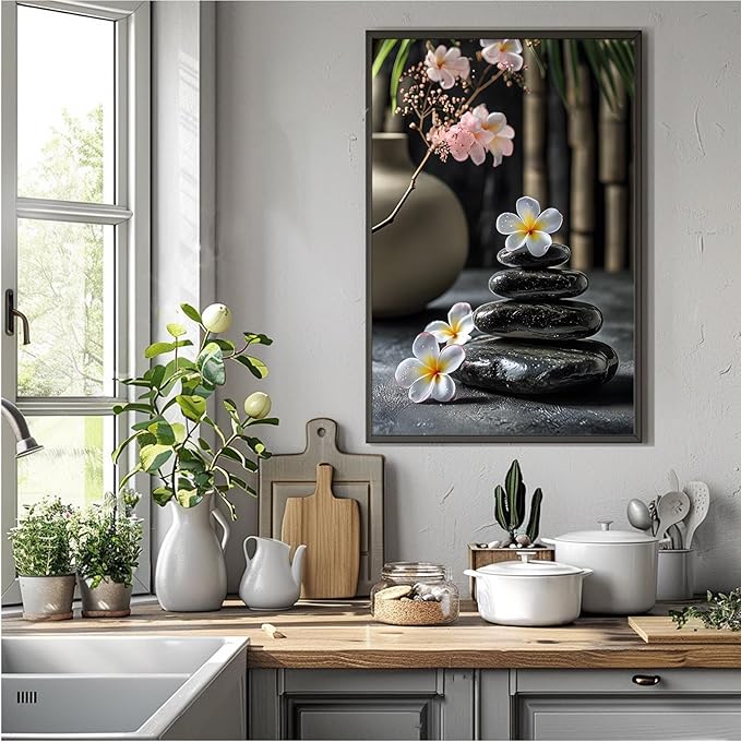 A harmonious black stone stack paired with white and pink flowers bamboo and ceramic vases creates a tranquil Zen decor for minimalist homes and mindful spaces 8x12in Metal blackFramed