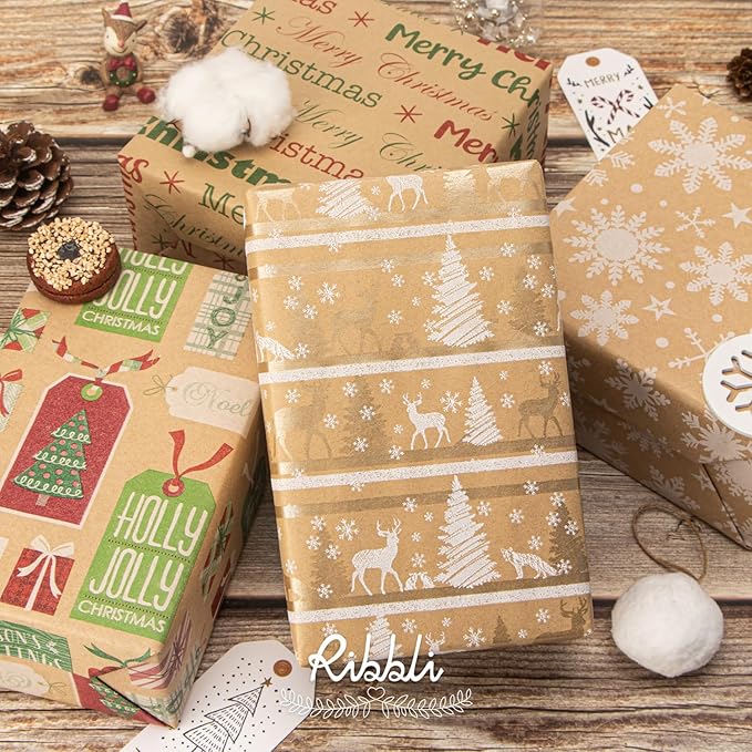 Ribbli Christmas Wrapping Paper, 4 Rolls Vintage Kraft Wrapping paper, 17 Inch x 10 Feet Per Roll, Snowflakes Christmas Tree Gift Box Printed Assortment