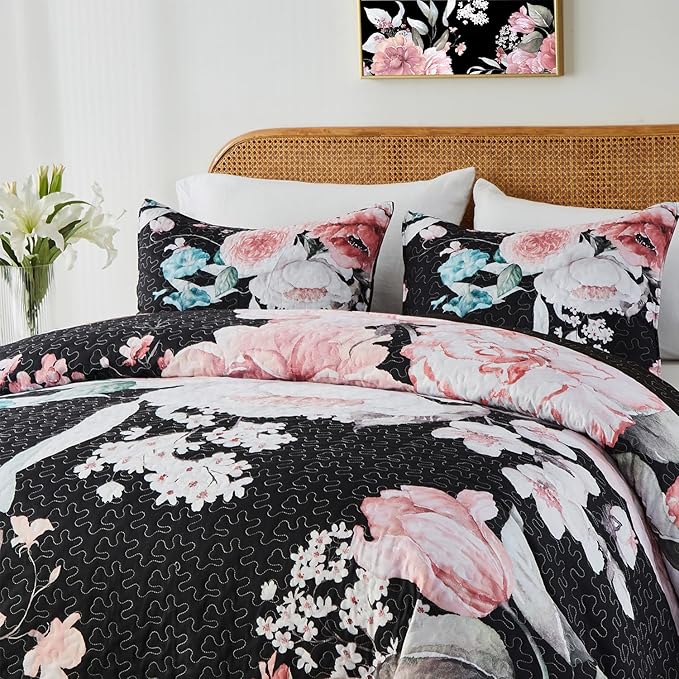 Yogeneg King Size Quilt Set, Pink Floral Botanical Pattern Black Bedding Set,3 Piece Lightweight Soft Summer Bedspread Coverlet with 2 PIillow Sham for All Season(Pink Floral,110"x96")