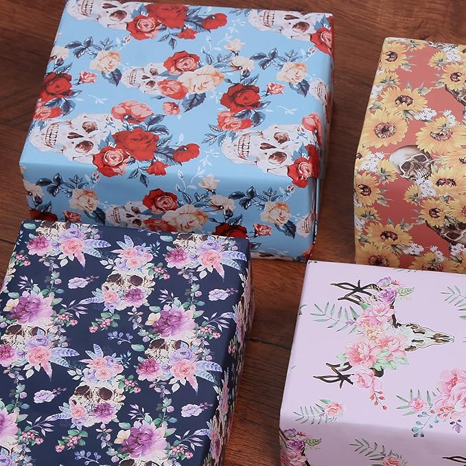 Aimyoo Orange Skull Sunflower Wrapping Paper Jumbo Roll 17 in x 60ft, Horror Gothic Gift Wrap Paper for Halloween Wedding Bridal Shower
