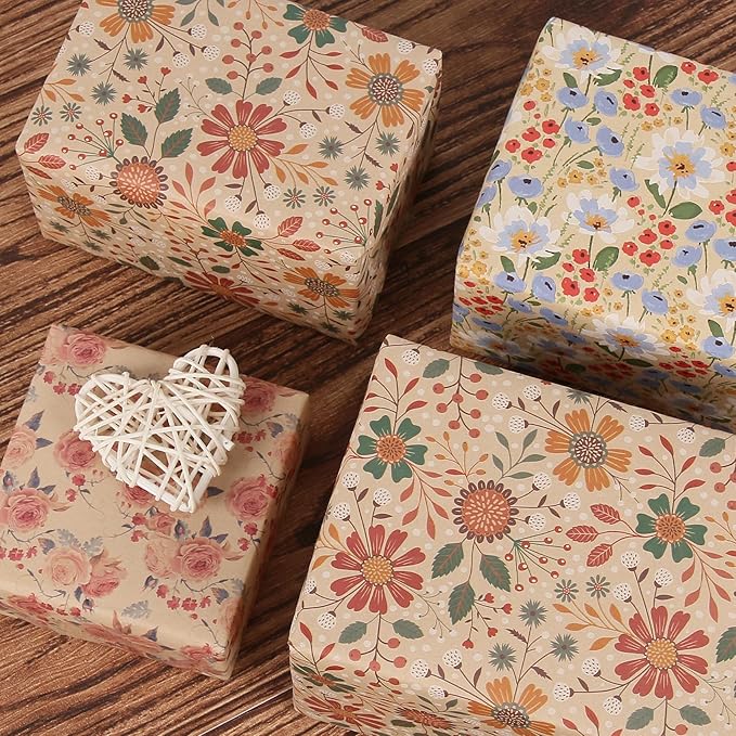 Aimyoo Pink Rose Floral Kraft Wrapping Paper Roll, All Occasion Vintage Flower Gift Wrap for Wedding Birthday Bridal Shower, 17 inch x 60 ft