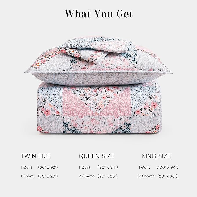 Quilt Set Queen Size, Patchwork Pink Floral Quilt Sets, Reversible Bedspread Lightweight and Breathable for All Seasons, Soft Quilted Bedspread with 2 Pillow Shams