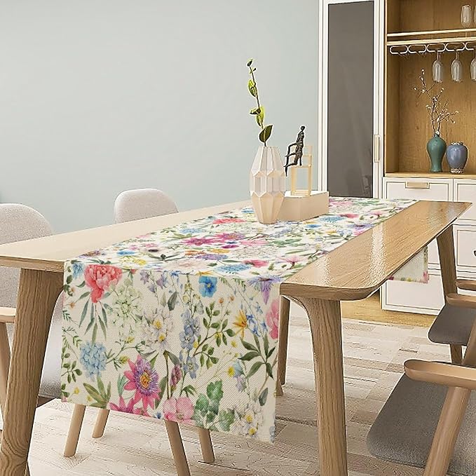 Floral Table Runner Watercolor Peony Rose Flower Kitchen Table Decoration for Indoor and Outdoor Wedding Party 13x90 Inch