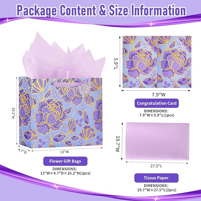 Bloomwords 13" Mother’s Day Gift Bags with Card Tissue(Rose Flower) for women Celebrating Birthdays, Valentine's Day, Weddings, Anniversaries (Purple,1PCS Flower Gift Bag)
