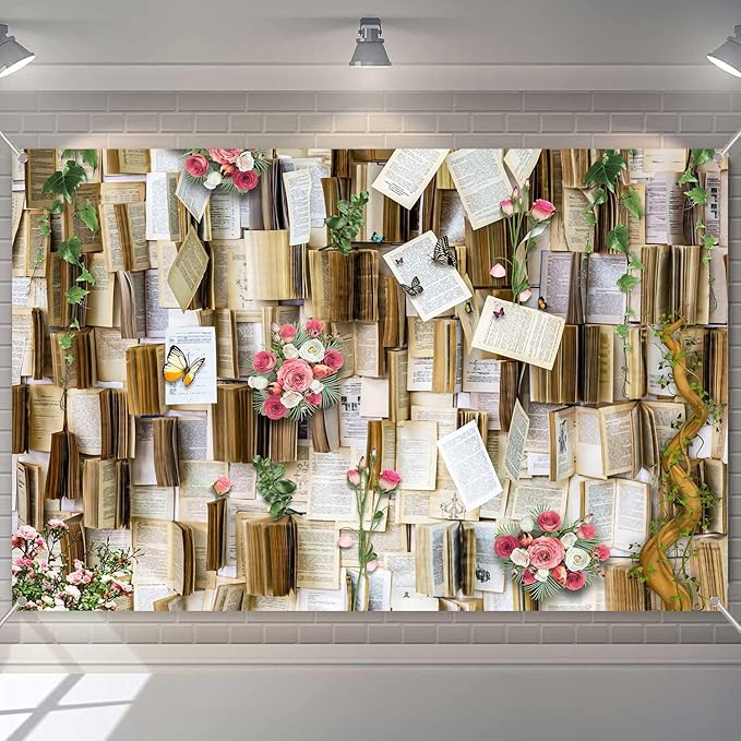 6x4ft Books Background for Photography Books Pages Pink Flowers Wedding Party Backdrop for Book Lovers Photography Studio Props KUHBDJ166