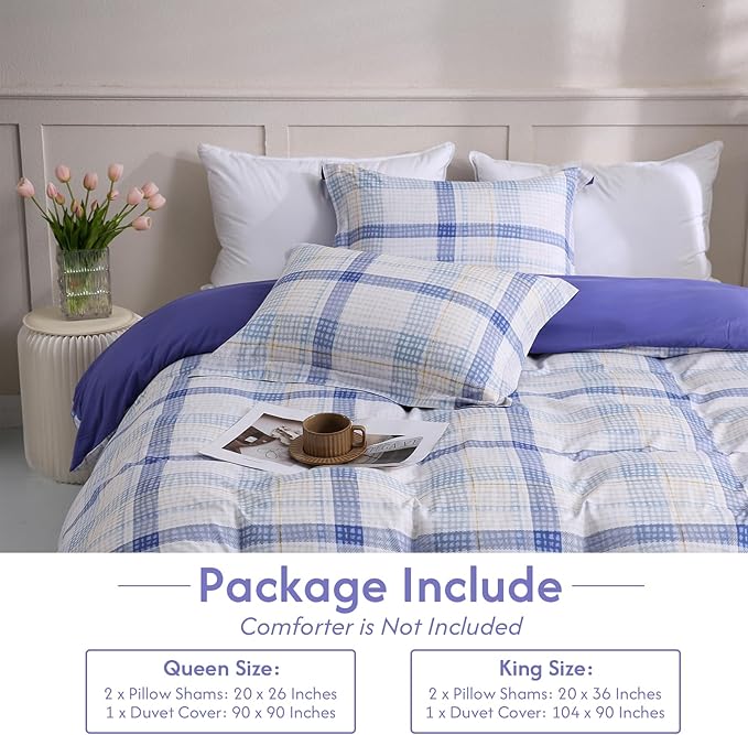 LONAVA King Plaid 3 Pcs Duvet Cover Set, Breathable Soft Microfiber Peri Lining Comforter Cover with Zipper Closure, and 2 Anti-Pilling, Fade Resistant Pillowcases, Blue Plaid