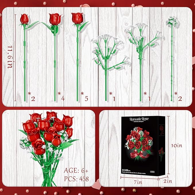 Flowers Bouquet Building Sets for Adults, for Her and Him Mother's Day Valentines Birthdays Gift, Botanical Collection DIY Rose Toy Kit, Home Office Decor