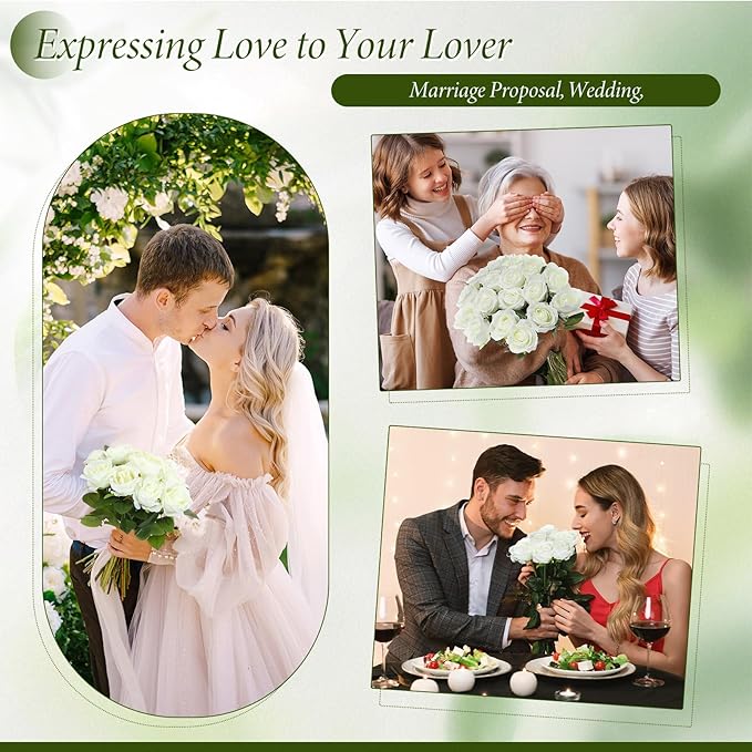 Hotop 40 Pcs Rose Artificial Flowers Bulk with Long Stem,Realistic Silk Fake Roses Bouquet for Home Wedding Centerpieces Party Table Decoration Valentines Gifts(White)