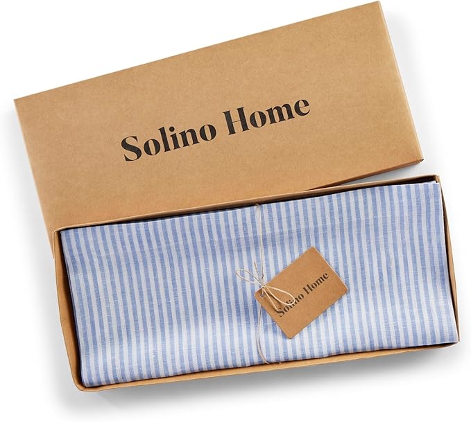 Solino Home Linen Striped Table Runner 36 Inches - Narrow Stripe, 100% Pure Linen Cornflower Blue and White Small Table Runner 14 x 36 Inch Ideal for Dresser and Coffee Tables - Winter, Spring, Easter
