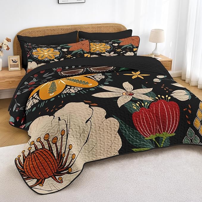 Quilt Set Full/Queen Size, Black Tropical Floral 3 Pcs Soft Bed Cover Bedding Set, Farmhouse Botanical Lightweight Bedspread Coverlet with 2 Pillow Sham for All Season