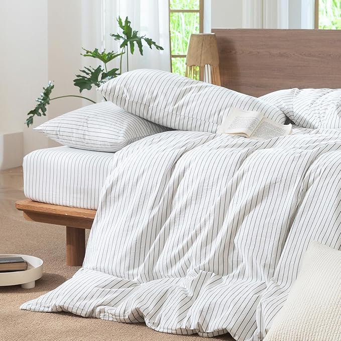 MooMee Striped Duvet Cover Set 100% Washed Cotton Linen Like Textured Breathable Durable Soft Comfy (White Heathered Green Wide Stripes, Alaska King 132"x120")