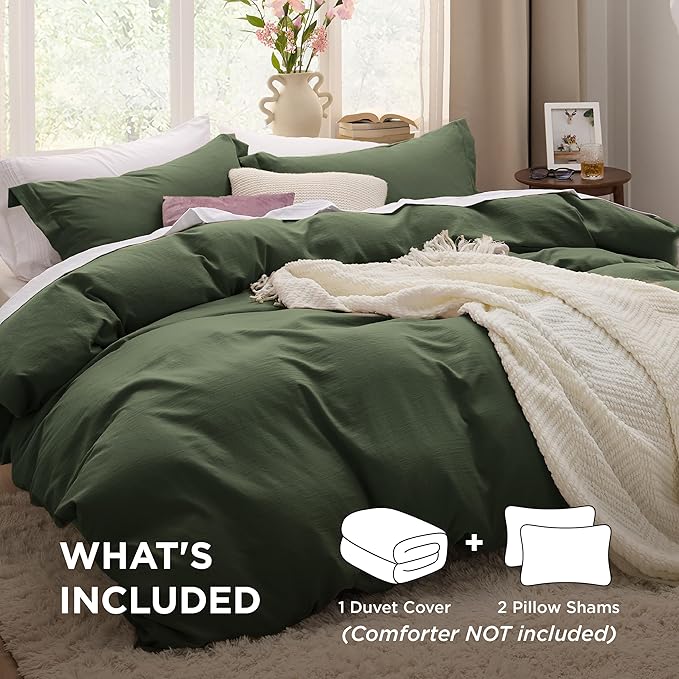 Bedsure Olive Green Duvet Cover Queen Size - 3 Pieces Prewashed Cotton-Like Extra Soft Bedding Set, Includes 1 Duvet Cover 90x90 Inches with Zipper Closure & 2 Pillow Shams, Comforter Not Included