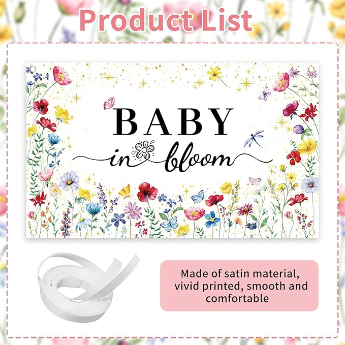 GodMax Baby in Bloom Backdrop Banner, Wildflower Baby Shower Decorations 3 x 5Ft Backdrop Banner Set