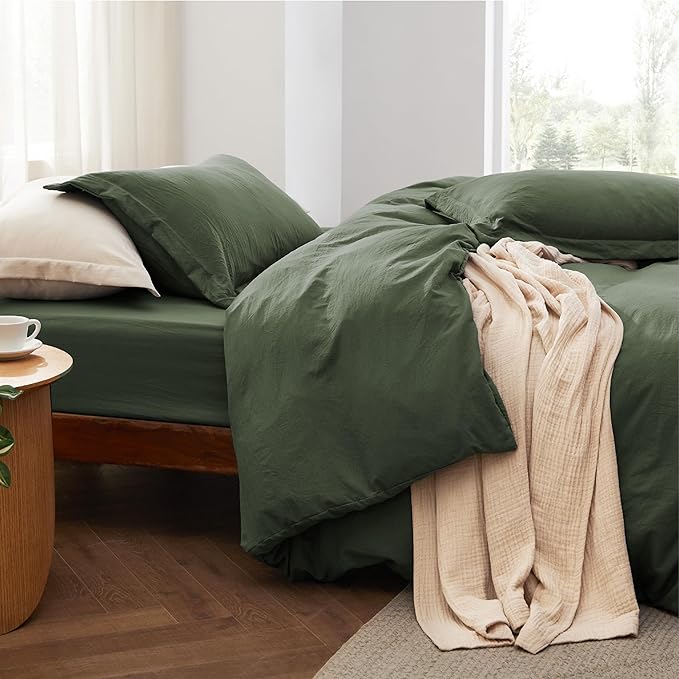 Bedsure Duvet Cover Full Size with Fitted Sheet - 4 Pieces Prewashed Cotton-Like Extra Soft Bedding Set, Includes 1 Duvet Cover 80x90 Inches, 2 Pillow Shams, 1 Fitted Sheet, Olive Green