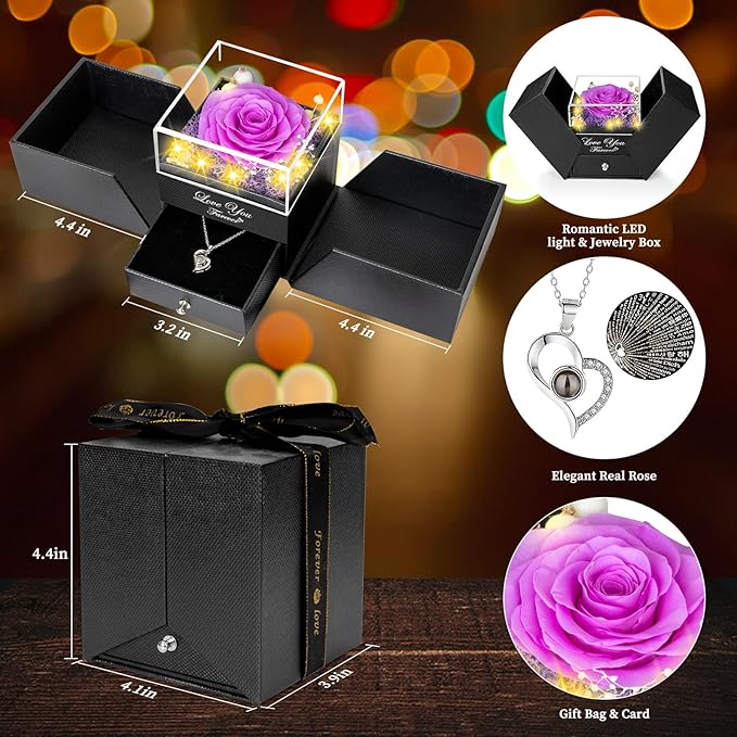 Preserved Purple Real Rose-Eternal Flowers Rose Gifts for Mom Grandma Wife Girlfriend on Mothers Day Birthday Valentines Christmas Anniversary Romantic Gifts for Her with I Love You Necklace